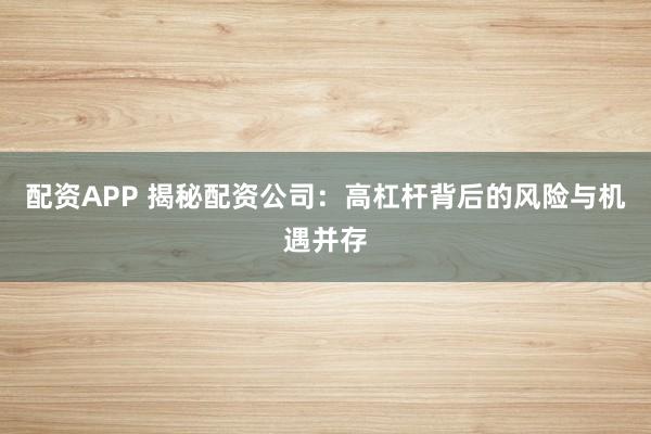 配资APP 揭秘配资公司：高杠杆背后的风险与机遇并存